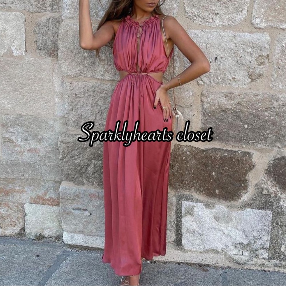 Zara Satin Cut-Out Dress in Red Brown Marsala - Size Small